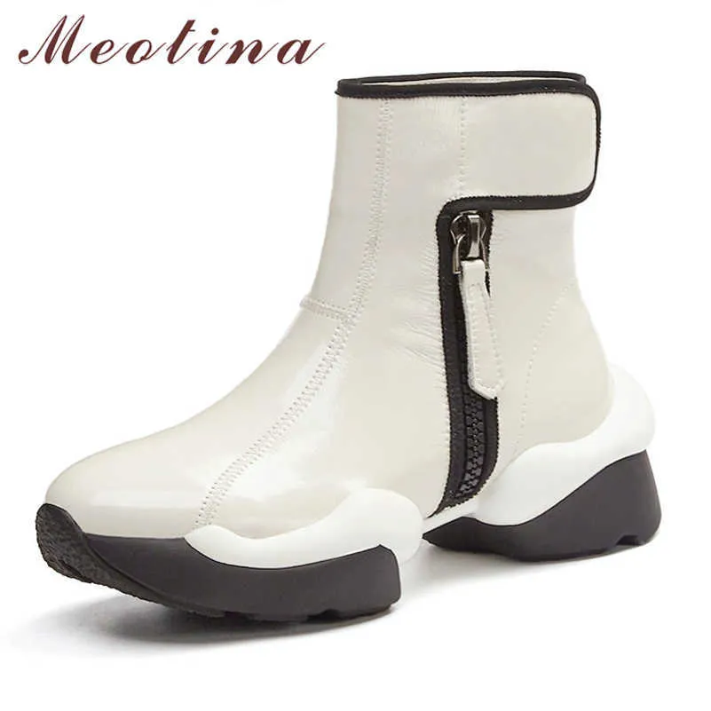 Meotina Botas de Ankle Mulher Sapatos Real Couro Plataforma Botas de Salto Alto Botas Grésas Salto Feminino Feminino Botas Short Botas Outono Inverno Bege 42 210608