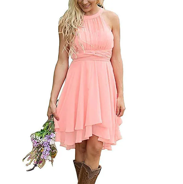 Kvinnor Country Style Short Bridesmaid Dress Halter Neck Ruched Backless Boho Klänningar Fram och Long Back Prom Dress