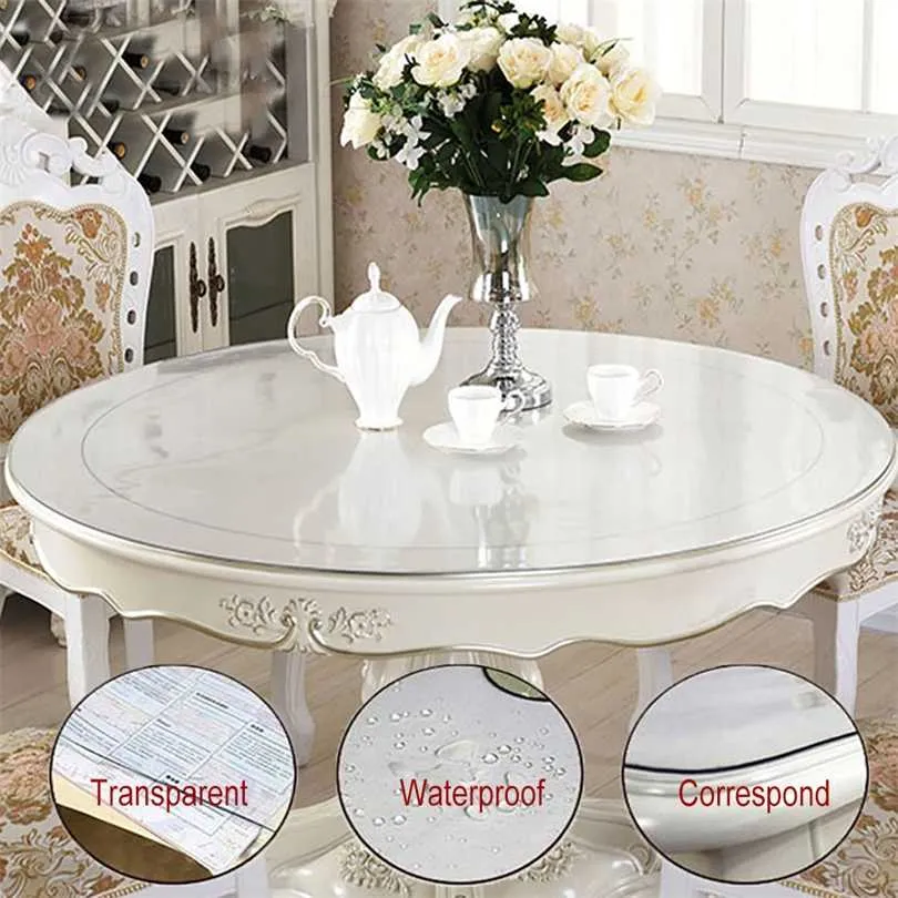 Round Tablecloth Transparent Soft Glass Mat PVC Waterproof Oilproof Plate Living Room Kitchen Cloth Home Decor 211103