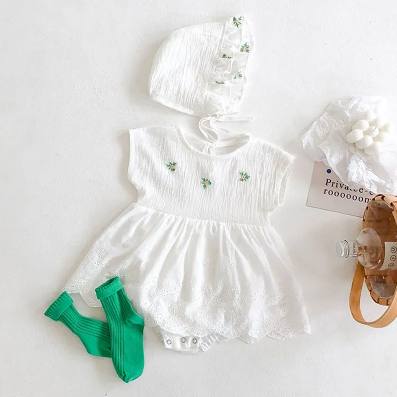 Summer Baby Girls Rompers Clothes Bodysuits Embroider Pure Color +Cap Infant Bodysuit 210429