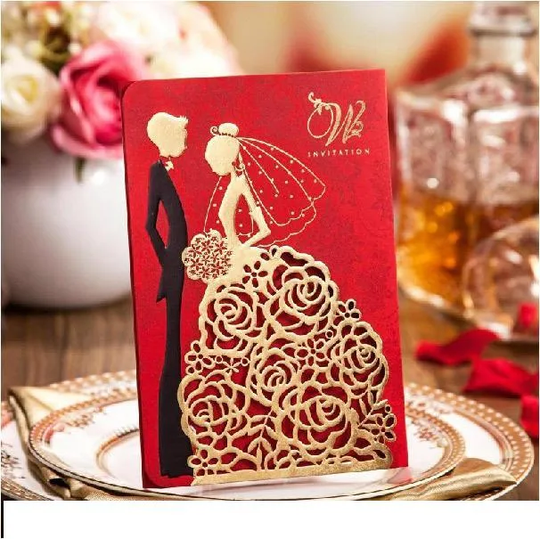 2021 Biglietti per inviti di nozze di alta classe 2017 Inviti per feste di matrimonio eleganti in oro rosso con taglio laser + stampa personalizzata + busta