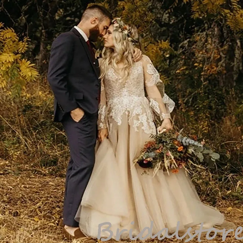 Keyhole Back Gold Boho Wedding Dress Gothic With Lace 2022 Long Sleeve A line Beach Wedding Dresses Elegant Plus Size Country Bridal Gowns Women