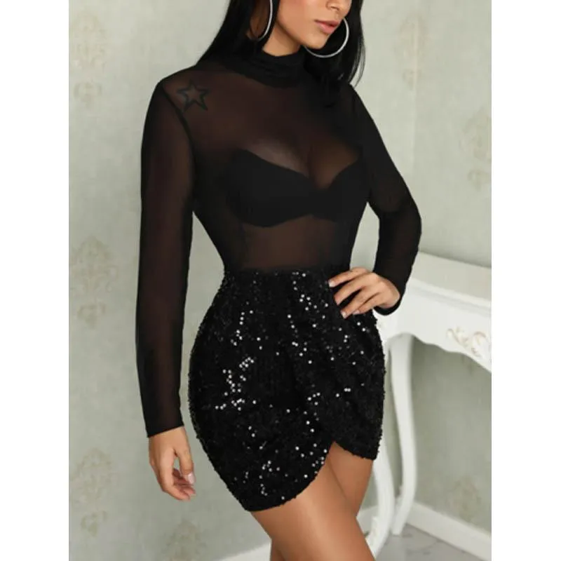 Hirigin été femmes sexy transparent maille à manches longues col roulé paillettes bandage noir court mini robe boîte de nuit vêtements de sexe robes décontractées