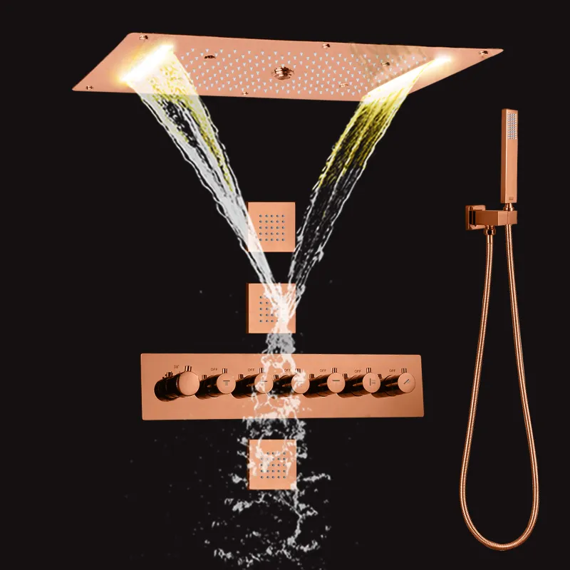 Conjunto de misturador de chuveiro de ouro rosa termostático 70x38 cm LED Top-End de luxo banheiro multi função sistema de chuveiro