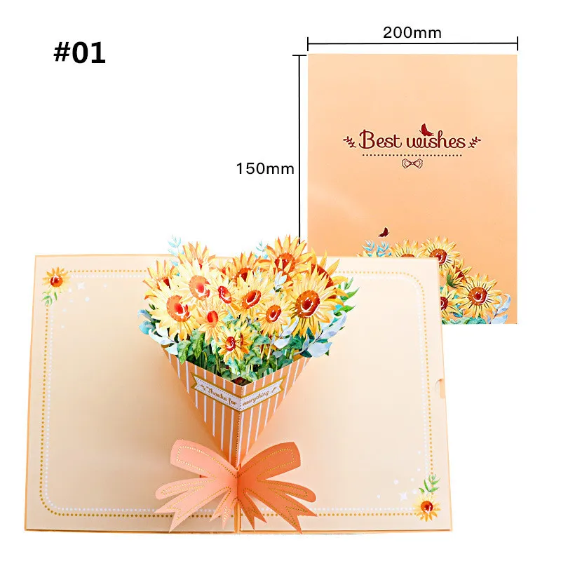 Wholesale Sunflower Bouquet Cards Bronzing 3D Stereo Pop-Up Blessing Card Creative Handmade Greeting Postcards Mother's Day Birthday Gift