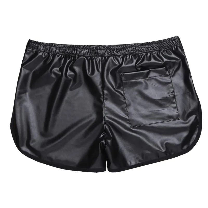 Mens Luxury Underwear Underpants Lingerie Wet Look Leather Sport Boxer Shorts With Back Pocket Latex Pants Gay trosor Pole Dance Briefs Drawers Kecks Thong E1V0