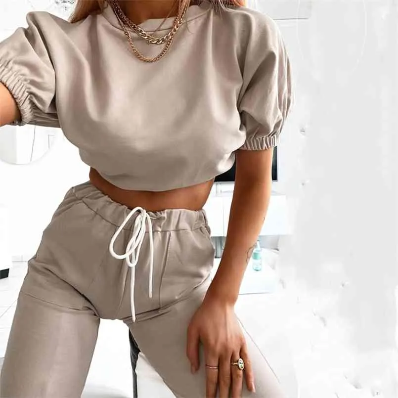 Fickor Casual Home Two Piece Spring Sommar Solid Färgpuffhylsa Kort 2-Piece Set Sweat Suits Women Suit Set 210508