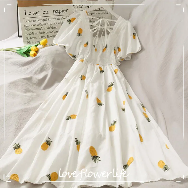 Women Summer Dress Sweet Square collar Pineapple Print Dresses Ruffles A-line High Waist Dress Elegant Vestidos Clothes 210521
