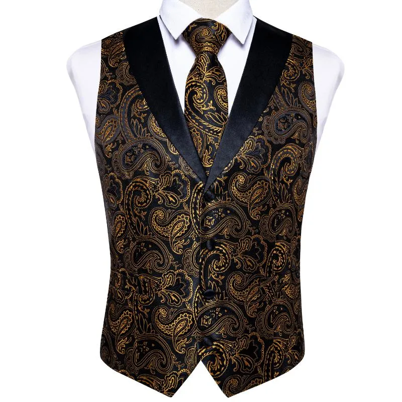 Mannen Vesten Merk Vest Stropdas Set Voor Mannen Zijde Bloemen Pak Stropdas 4 Stuks Met Patroon Zwart Goud vest Wedding Party Formele