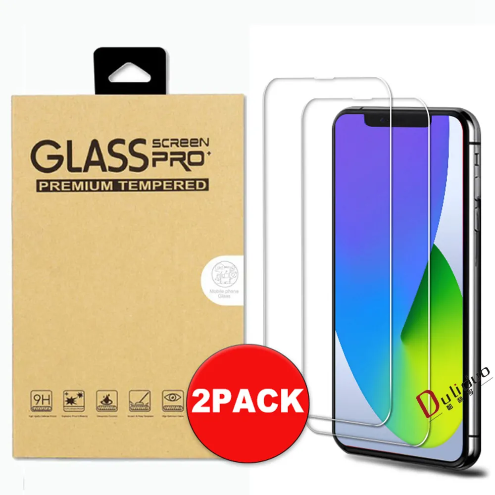 2 Pack 0.3mm 2.5d Tempererat glas Telefon Skärmskydd för iPhone 13 12 11 Mini Pro Max XR XS 6 7 8 Plus Samsung S21 A12 A22 A32 A42 A52 A72 5G med hård kartonglåda