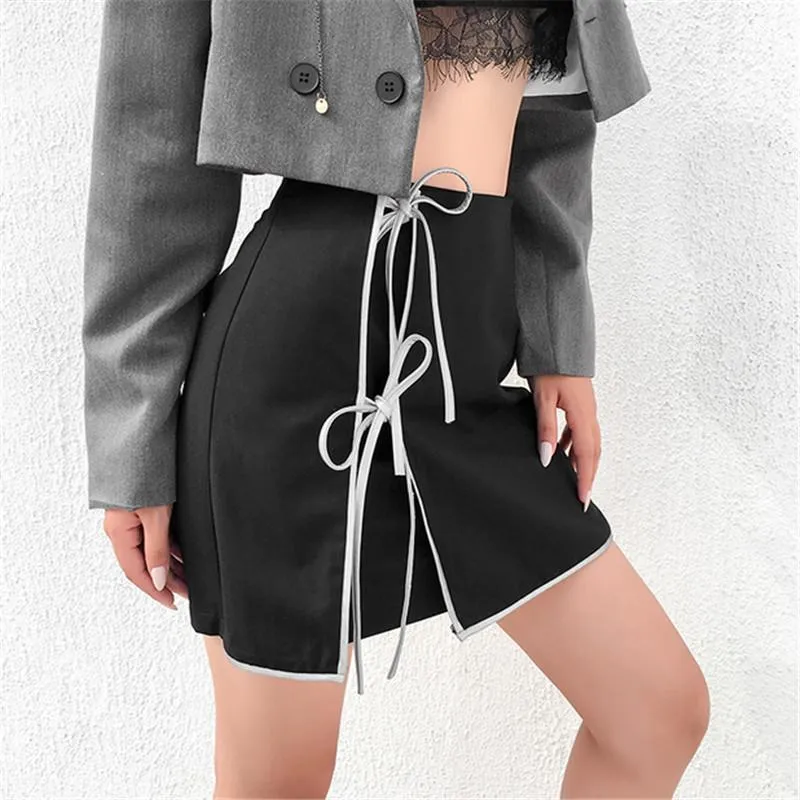 Юбки шикарные модные корейские летние женщины рефлексивные ремни высокая талия черная мини-упаковка