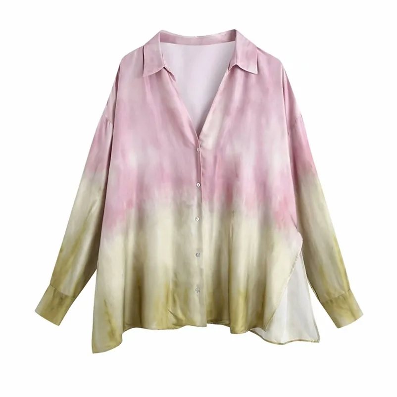 Oversize Women Lapel Single Breasted Blouse Spring Fashion Ladies Streetwears Loose Kvinna Multicolor Tie-Dye Shirt 210515