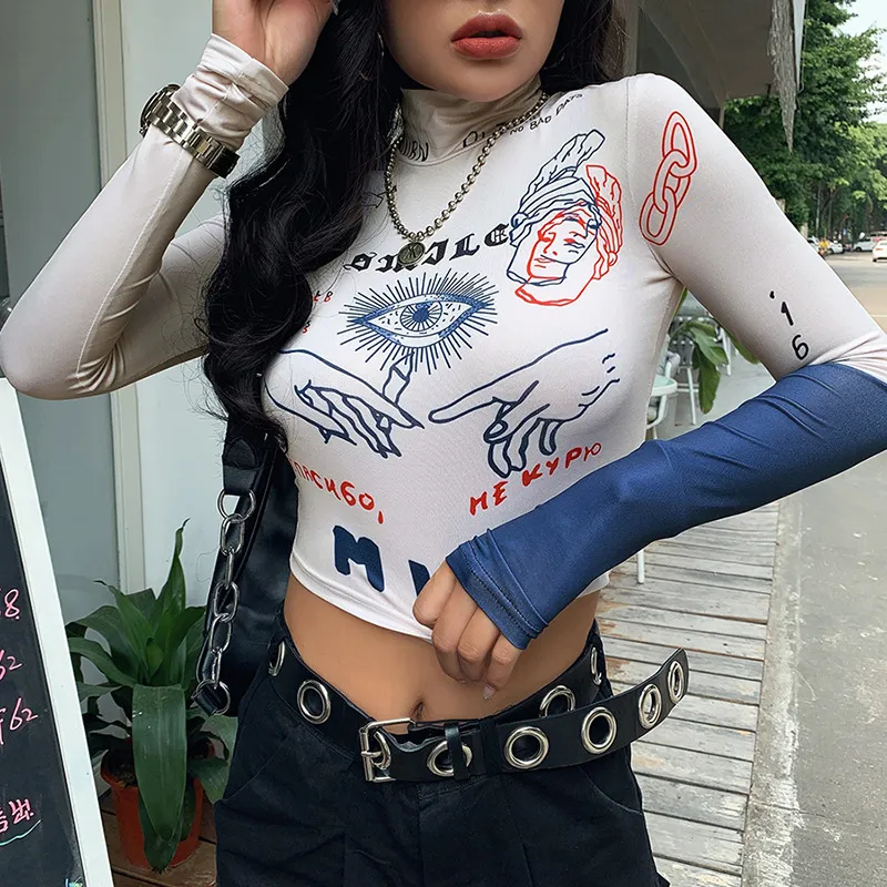 Automne Mode High Street Casual Serré Stretch Slim Crop Tops Femmes Funny Print Full Sleeve Stretch Slim Tee Shirt Mujer 210522