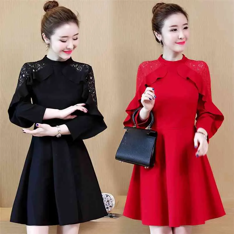Robe d'automne pour femmes, style coréen, couleur pure, dentelle à volants, manches longues, fine, grande taille, courte, es QX905 210507