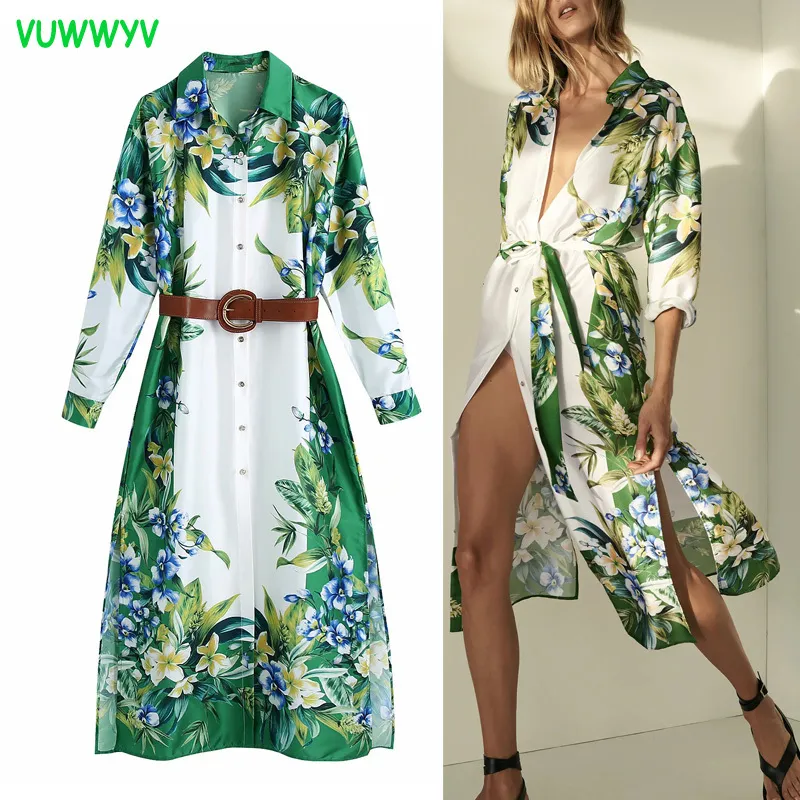 Summer White Green Vintage Floral Shirt Dresses for Women Chic Buttons Belt Midi Dress Woman Long Sleeve Casual Vestidos 210430