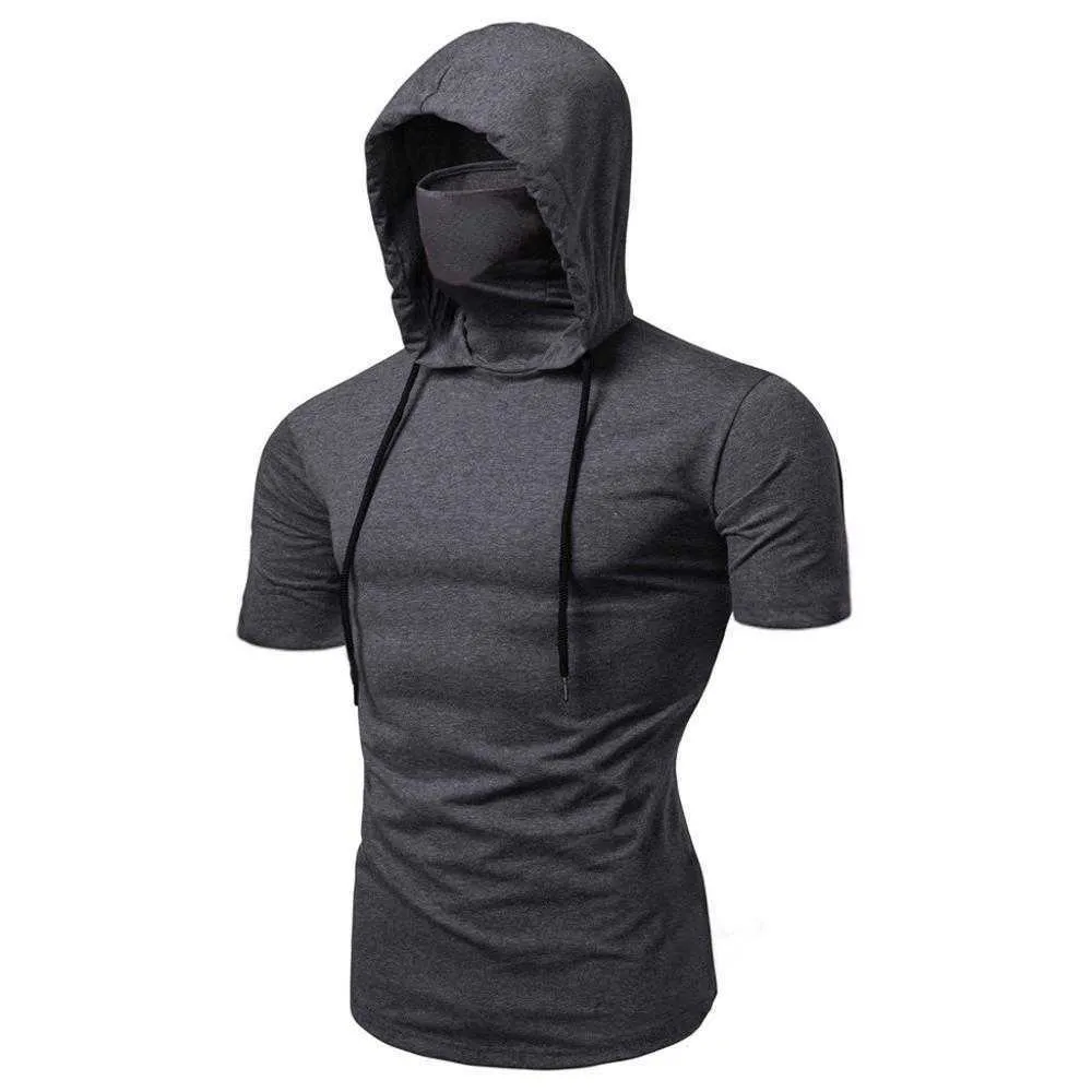 Mens Slim Fit Summer Short Sleeve Hoodie Mens With Mask Black Gray