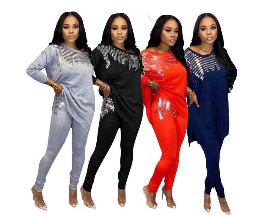 2020 Vinter Kvinnor Set Full Sleeve Sequined Top + Byxor Passar Två Piece Set Casual TrackSuits Loose Fitness Streetwear Outfits Y0625