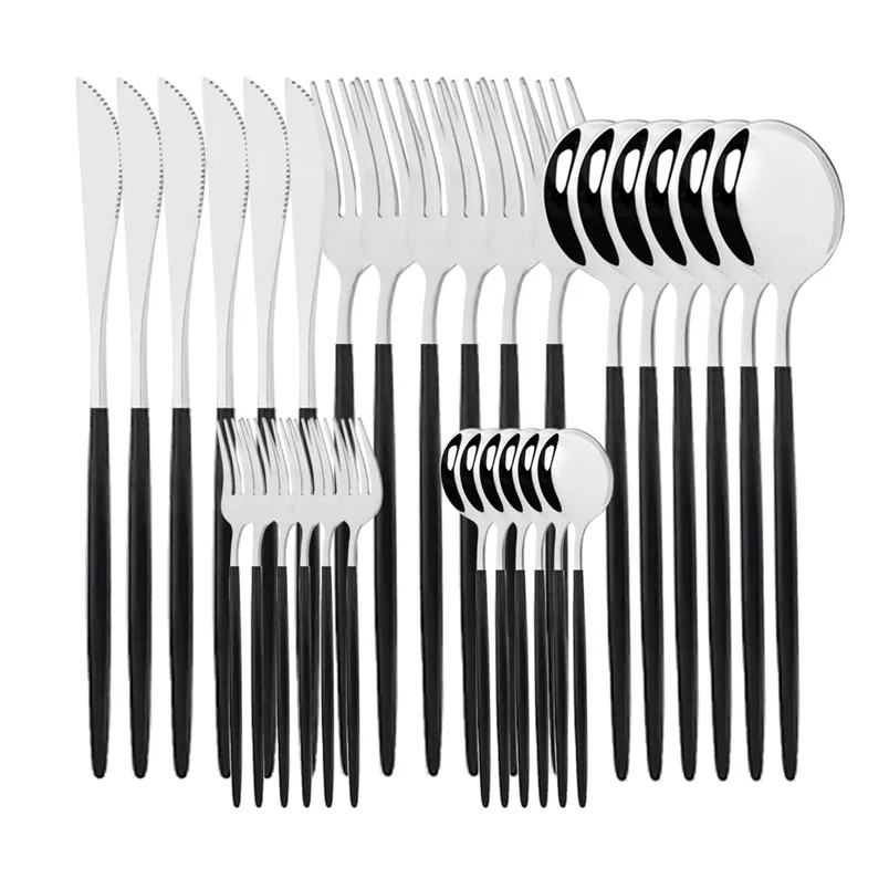 30Pcs Black Silver Dinnerware Set Stainless Steel Knife Cake Fork Spoon Cutlery Set Kitchen Tableware Flatware Set Wholesale 211112