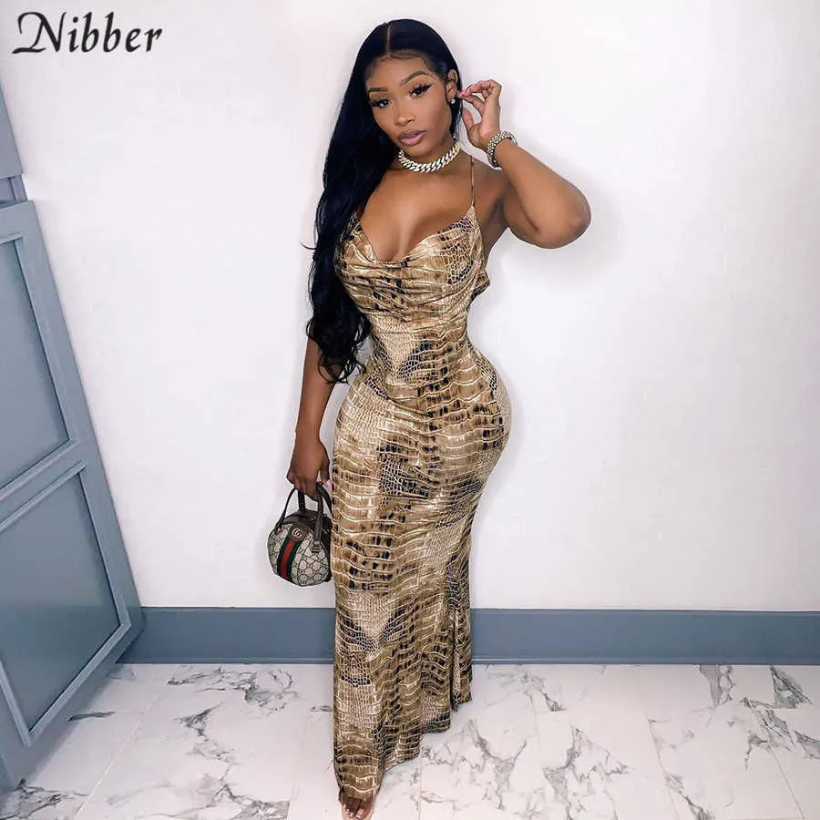 Nibber Elegant Backless Snake Print Maxi Mermaid Klänning Kvinnor Sexig Spaghetti Strap Bodycon Streetwear Fritidsresor Y0726