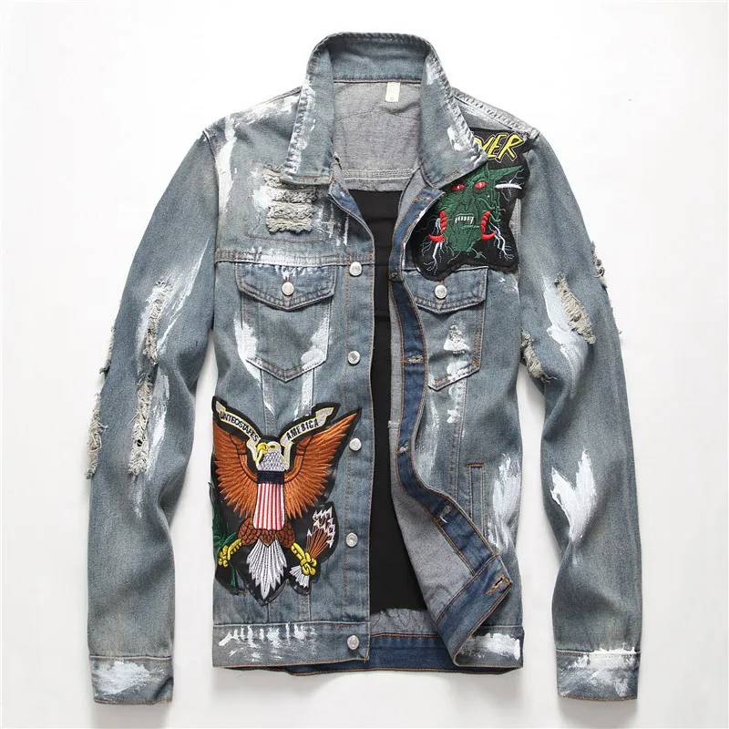 Men's slim non-stretch denim jacket European and American style letter flag denims jackets trend