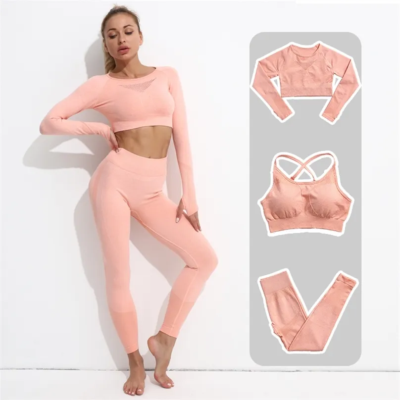 2/3 / pcs naadloze vrouwen hoge taille yoga set workout sportkleding gym kleding fitness lange mouw top leggings sportpakken 210802