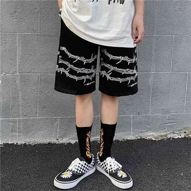 Harajuku män shorts streetwear järn kedja mönster jogger wo sommar lös elastisk midja hip hop skateboard 210629