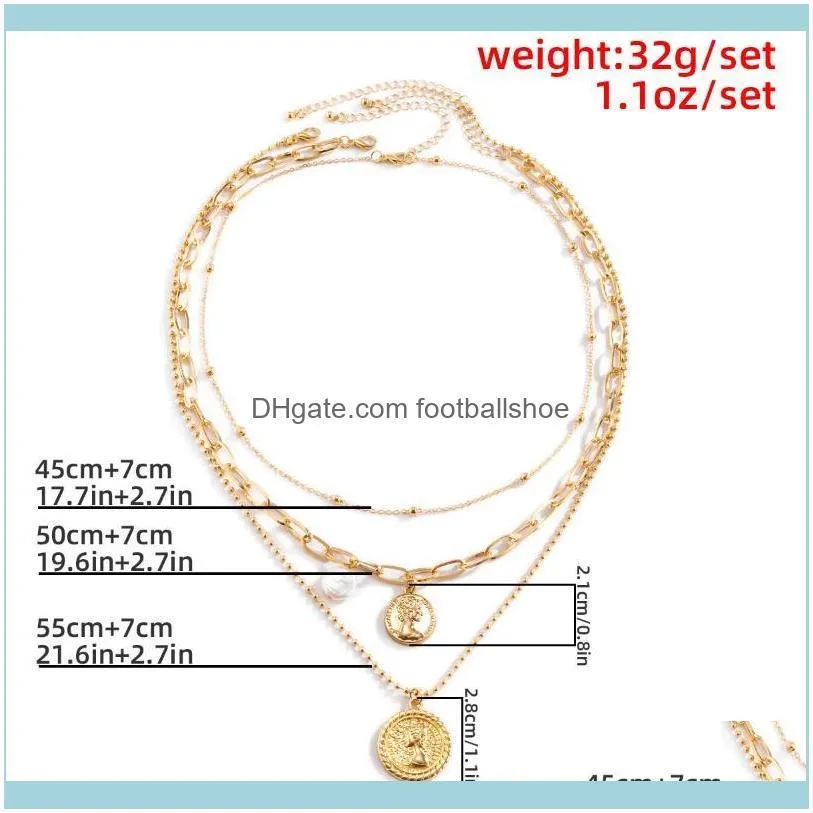 Simple Baroque Figure Relief Necklace Women`s Shaped Imitation Pearl Round Bead Chain Neck Chains