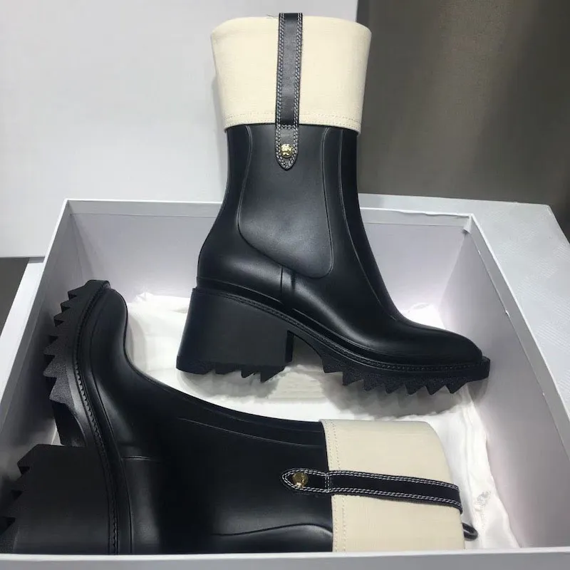 Waterproof Black Lug Sole Rain Boots For Women Thick Bottom, Non Slip ...