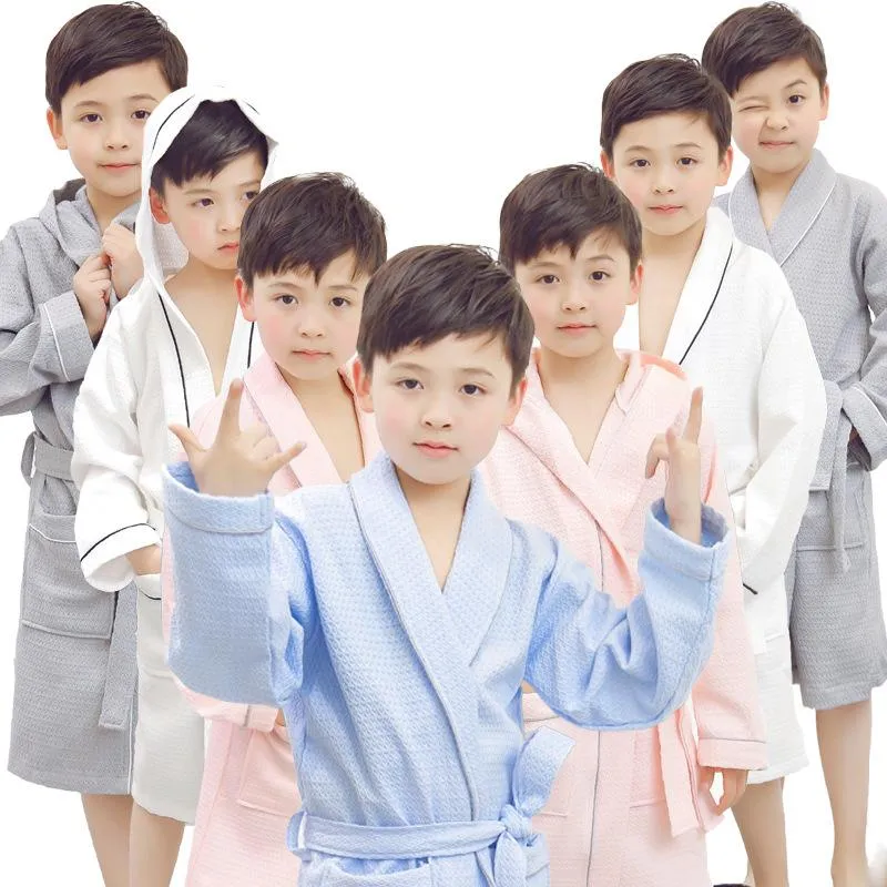 Men's Sleepwear Pure Cotton Rhombus Waffle CHILDREN'S Bathrobes Hooded Big Boy Men And Women Swimming Bathrobe Pajamas