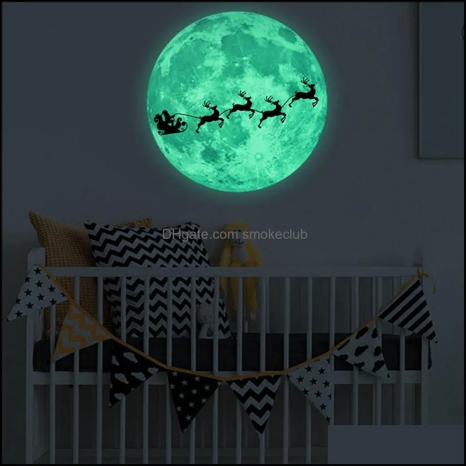 30cm Christmas Luminous Sticker Round Snowman Elk Deer Pine Santa Fluorescent Xmas Wall Stickers Party Decoration LJJP601