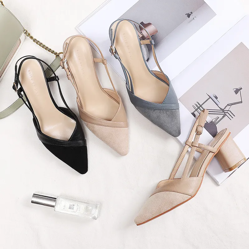 Femmes Chaussures Slingbacks Square High Talons pointus Toe Femme Pumps Solid Noir Beige Bureau Dame Carrière Talon Heel Sandales 210520