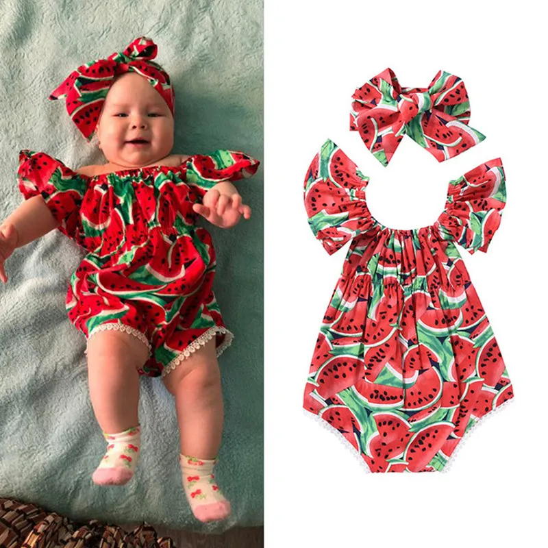 Baby Watermelon Rompers Pom Fringe 2021 Kids Boutique Clothing Infant Toddlers Girls Sleeveless Onesies with Headband