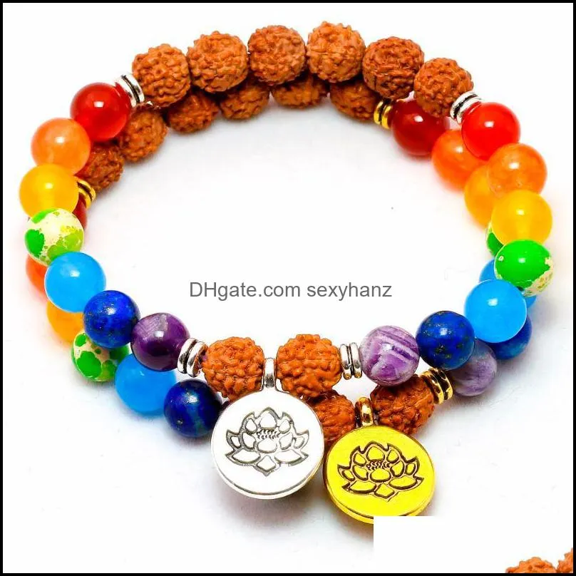 Armband rudraksha pärlor natursten reiki buddha 7 chakra healing nce lotus charm armband för kvinnor män yoga om smycken pärlor, strängar