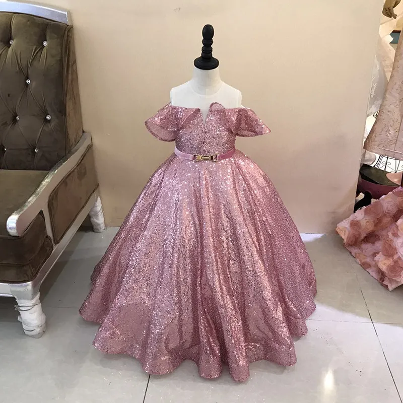 Abiti da ragazza di fiori vintage per matrimoni bohémien economici abiti da prima comunione con paillettes in pizzo champagne con paillettes