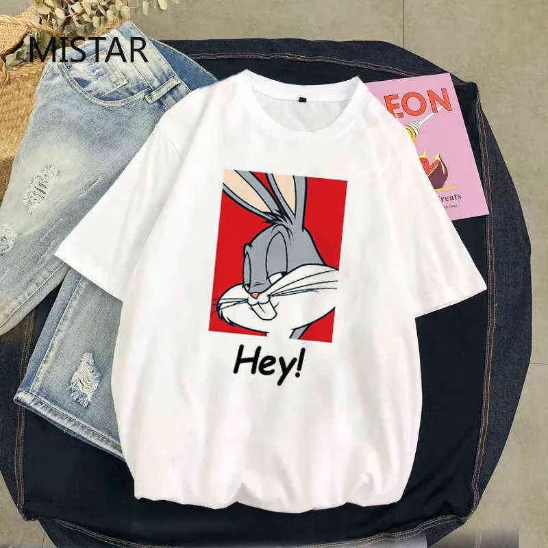 Yaz Casual Kadın T-Shirt Ulzzang Kawaii Karikatür Baskı Tshirt Kore Tarzı Harajuku Kısa Kollu Bugs Bunny T Gömlek G220228 Tops