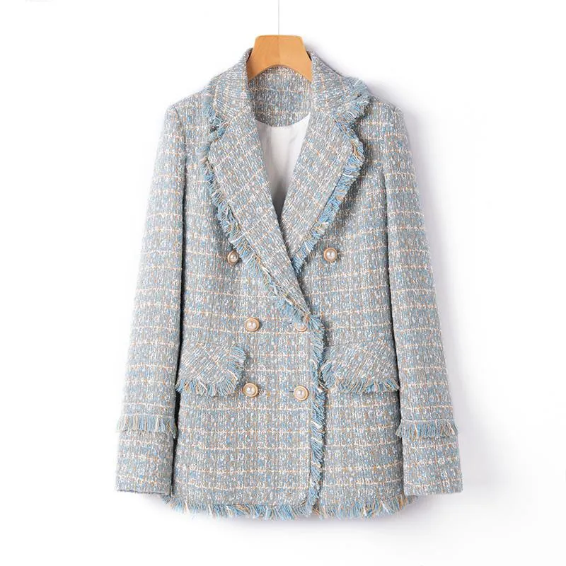 Duży rozmiar Light Blue Tweed Garnitur Kurtka Wiosna Jesień Moda Retro Krótki Lapel Podwójna Plaid Top S399