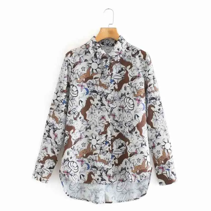 Women Butterfly Flower Printing Long Sleeve Shirts Female Turndown Collar Blouses Casual Lady Loose Tops Blusas S8171 210430