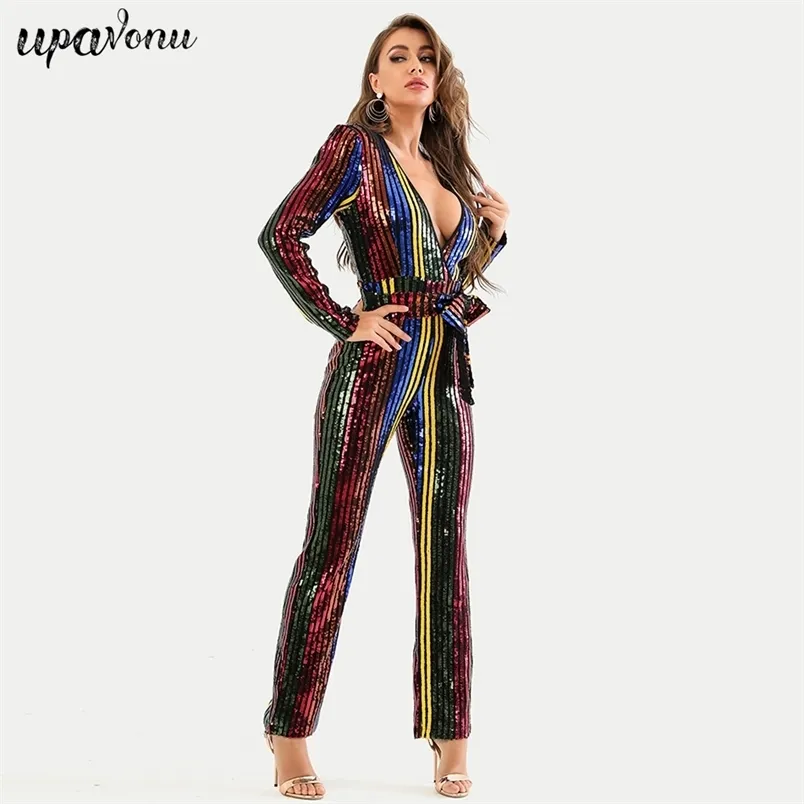 Free Chic Women's Color Sequin Jumpsuit Sexy V-neck Long Sleeve Lace-Up Slim Celebrity Club Party 210524