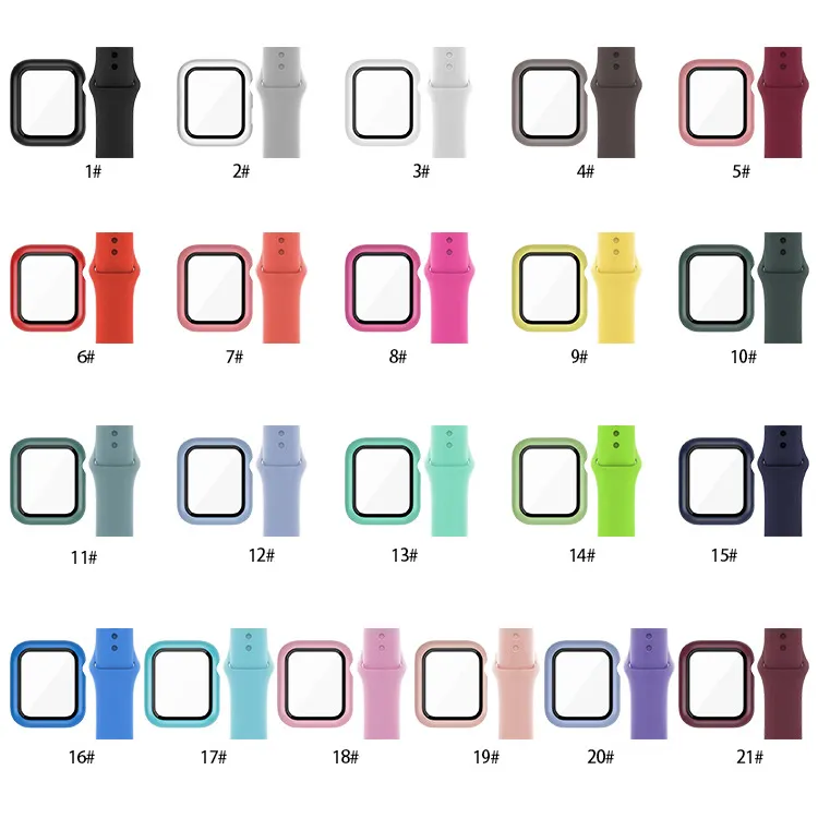 Glasfodral + rem för Apple Watch Band 44mm 40mm 38mm 42mm 40mm 44mm 41mm 45mm Silicone Smartwatch Watchband Armband Iwatch 3 4 5 6 7 SE