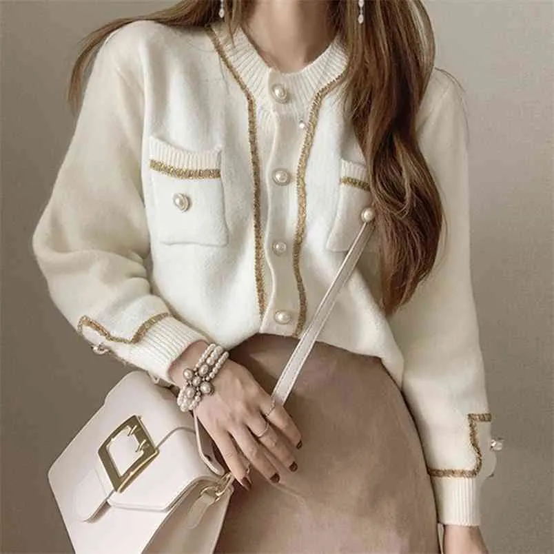 Autumn Temperament V-neck Unique Pearl Button Gold Lace Stitching Cardigan Long-sleeved Thin Sweater Coat 16Q896 210427