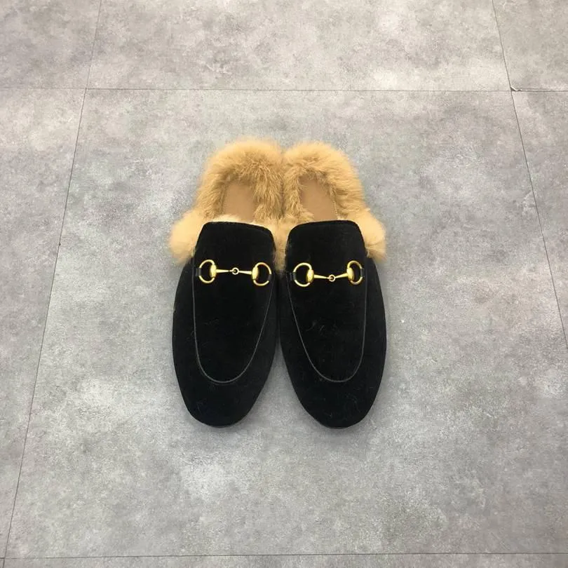 Desginer Winter Warm Slippers Wool Women Men Princetown Brand Loafers Autumn Classic Metal Buckle Embroidery Sandals Leather Shoes Half Slipper Pattern Slides