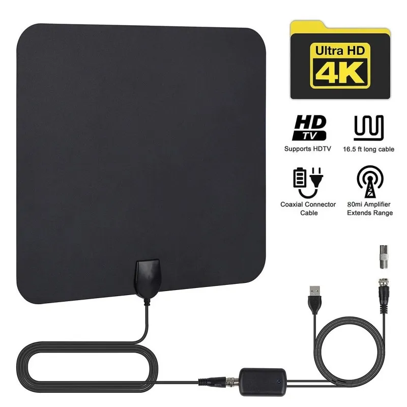 Antenne TV Intérieure Avec Ampli Numérique - 1080P/4K, Base Magnétique, Câble 5m