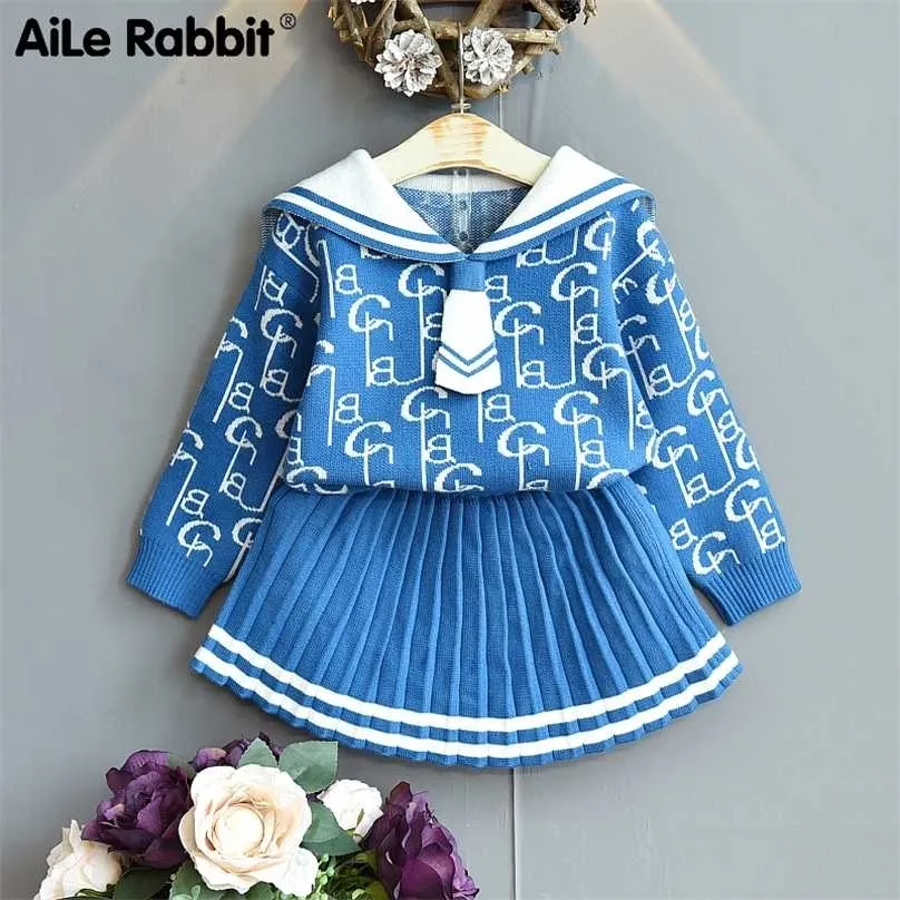 Girls Fashion Set Knit Sweater Jacket Skirt 2 Piece Elegant Princess Celebrity Suit Autumn Arrival For 211025