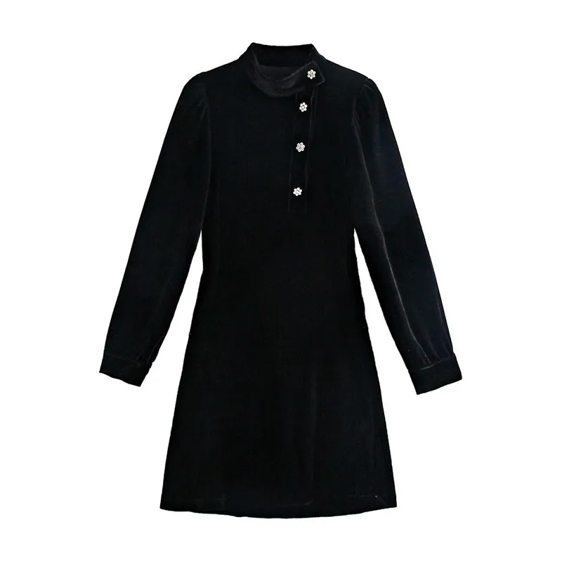 Chic Velvet Dress with Bejewelled Buttons and Long Sleeves for Women - Black Mini fashion apparel and accessories (210430)