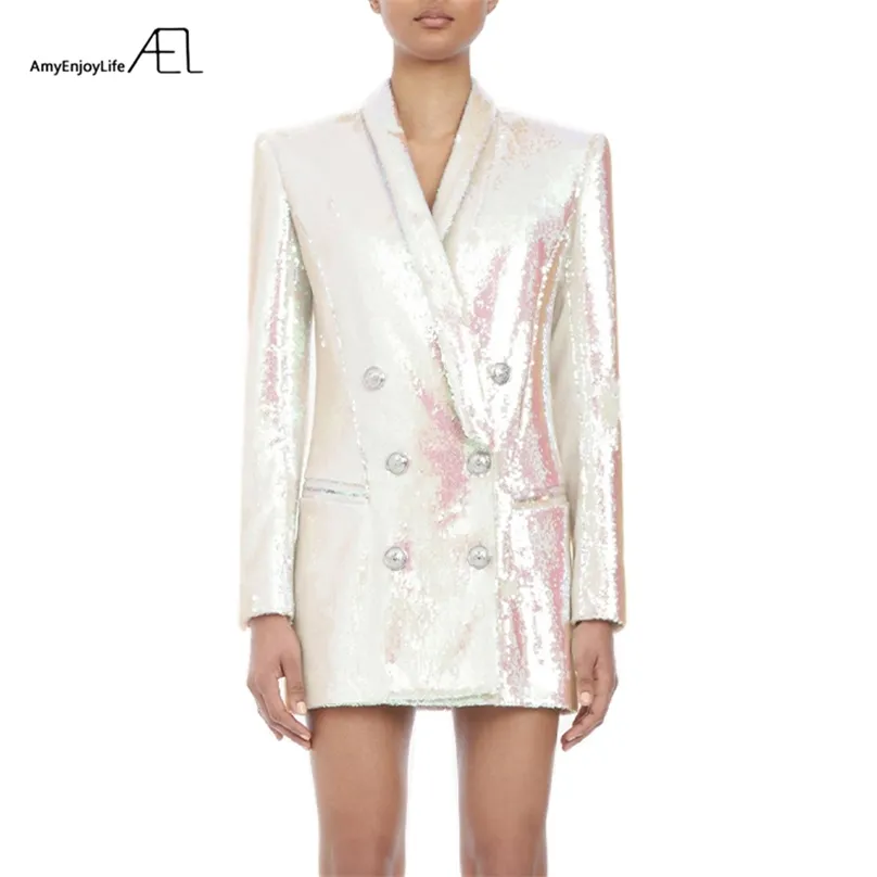 Vit Glitter Top Woman Coat Fashion Slim V Neck Sexig Ol Style Day Suit Jacket Spring Ladies 211006