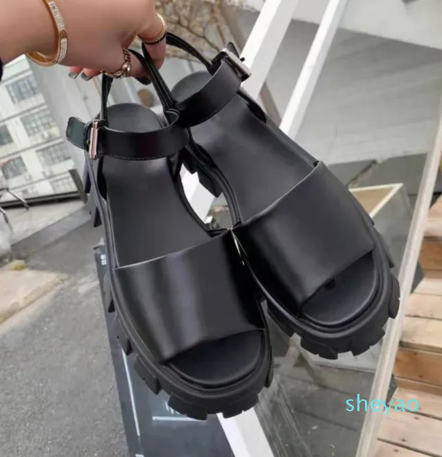 Женщины Масличные кожаные сандалии монолит дизайнер дама леди лодыжки ремешок металлическая пряжка протектора резиновые подошвы платформы каблуки слайд 6337