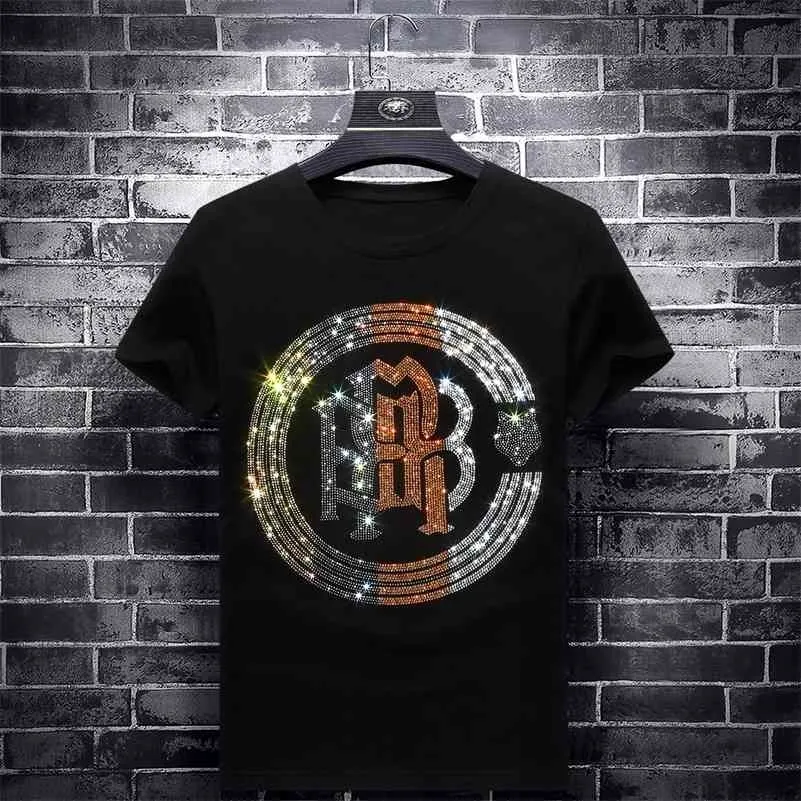 Mode Coloré Strass Hommes T-shirts Mince À Manches Courtes O Cou Streetwear Modal Coton Tee Camisetas De Verano Hombre 210324