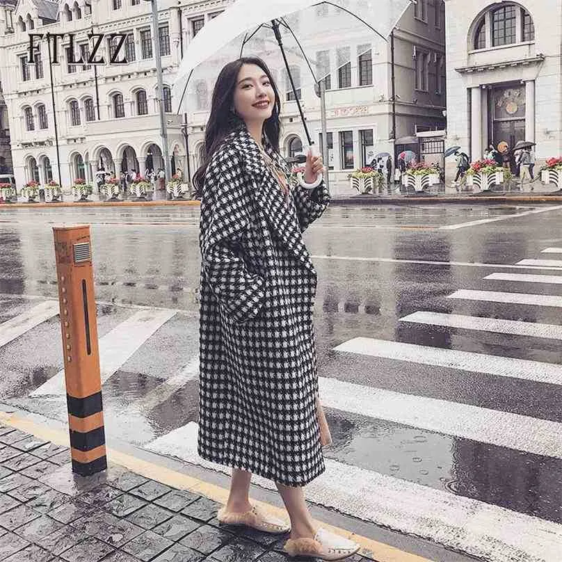 Vintage preto xadrez branco casaco longo lã mujer outono inverno moda mulheres stronze colar roupa outerwear feminina coreana 210525