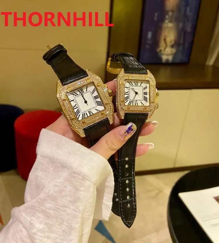 Casual Women Men Square Romand Dial Designer Watches Diamonds Ring Fashion Dress Familied Designer Leather Strap Quartz Movement Gif2625