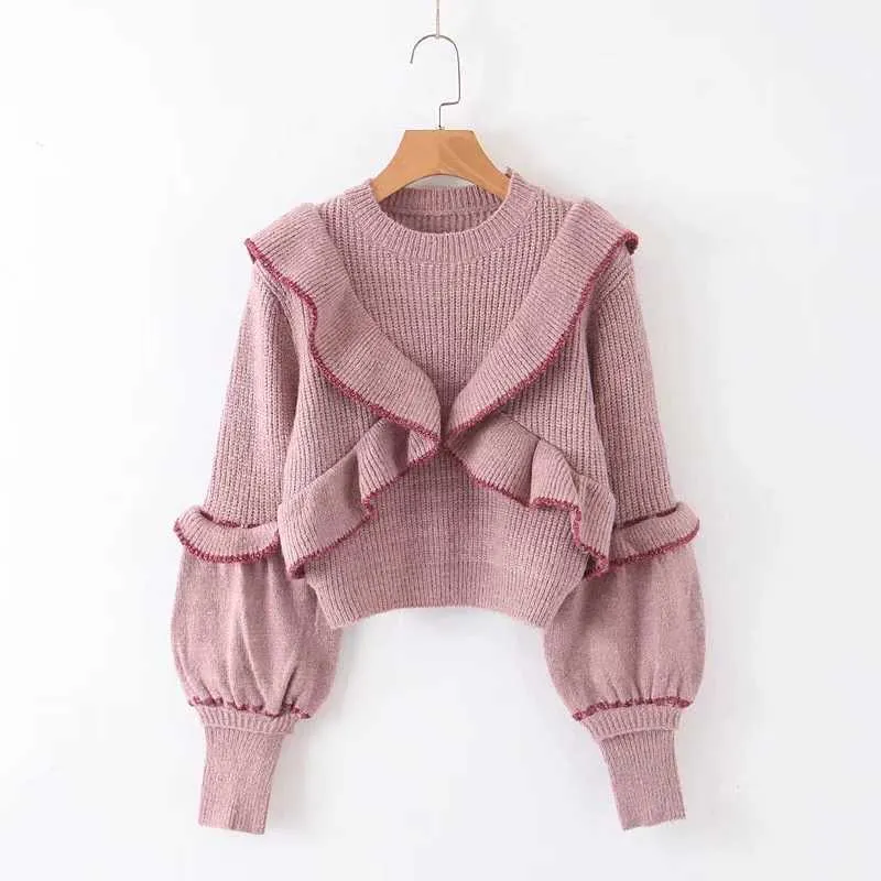 Quizás u dulce suéter de mujer jerseys de punto manga larga cuello redondo rosa gris volante manga de hojaldre invierno m0206 210529